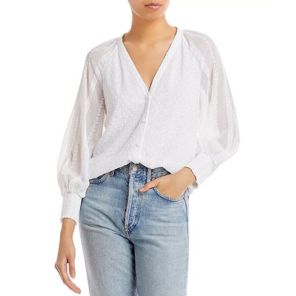 Alice + Olivia Womens L White‎ Lang Embroidered Eyelet Cotton Button Down Blouse - Picture 1 of 8